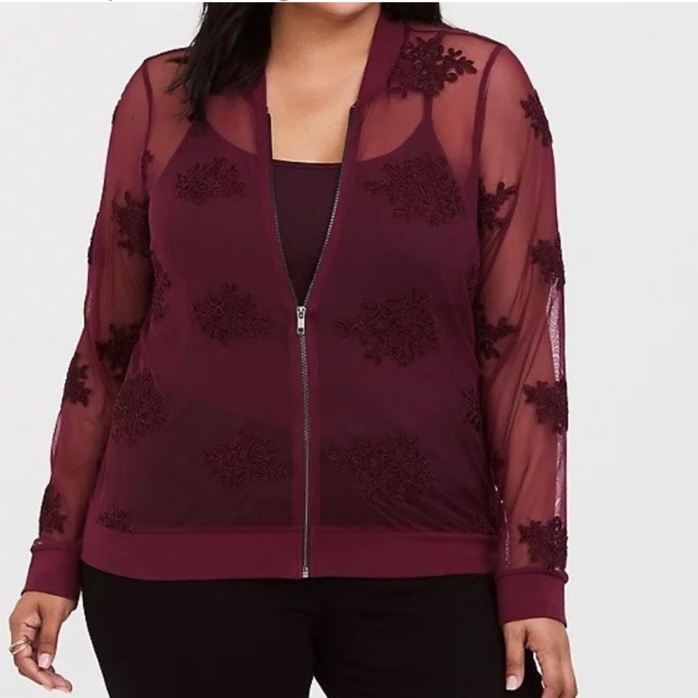 Torrid Burgundy Embroidery Bomber Top 2 XL